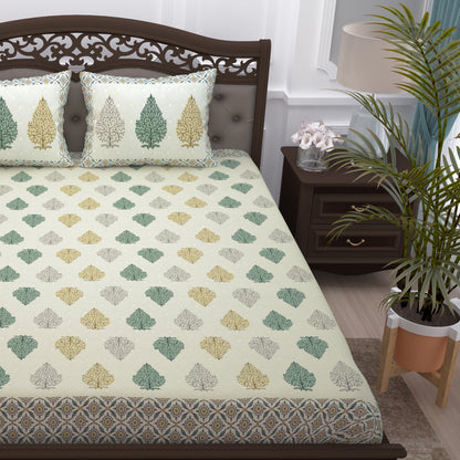 Pandora 152 TC 100 % Cotton Off White Leaf Double King Size Bedsheet