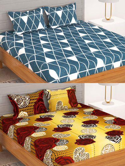 BEDSPUN Flora Collection Combo Pack of 2 Double Bedsheet with 4 Pillow Covers | 150 TC Soft Microfiber - Long Lasting and Wrinkle Free Polyester Fabric | 225x220 cm or 7.5x7.5 ft- (Blue and Mustard)