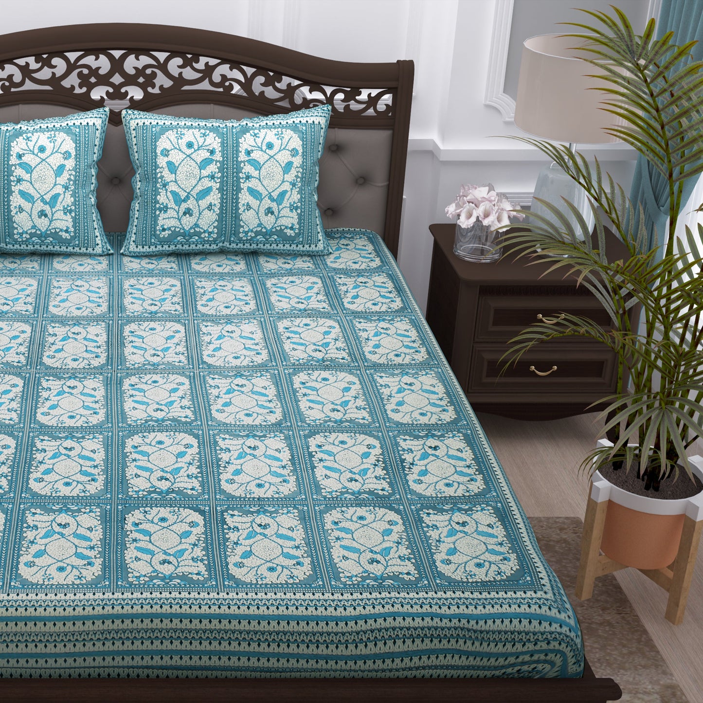 Story@Home 152 TC 100 % Cotton Grey Floral 1 Double King Size BedSheet with 2 Pillow Covers