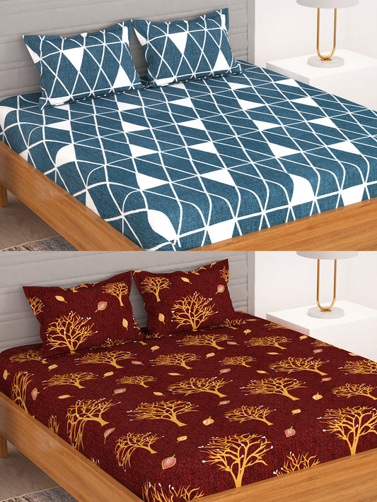 BEDSPUN Flora Collection Combo Pack of 2 Double Bedsheet with 4 Pillow Covers | 150 TC Soft Microfiber - Long Lasting and Wrinkle Free Polyester Fabric | 225x220 cm or 7.5x7.5 ft- (Blue and Wine Red)