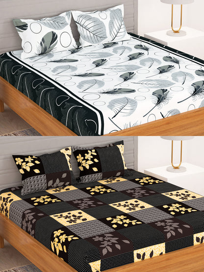 BEDSPUN Flora Collection Combo Pack of 2 Double Bedsheet with 4 Pillow Covers | 150 TC Soft Microfiber - Long Lasting and Wrinkle Free Polyester Fabric|225x220 cm or 7.5x7.5 ft (Off White and Brown)