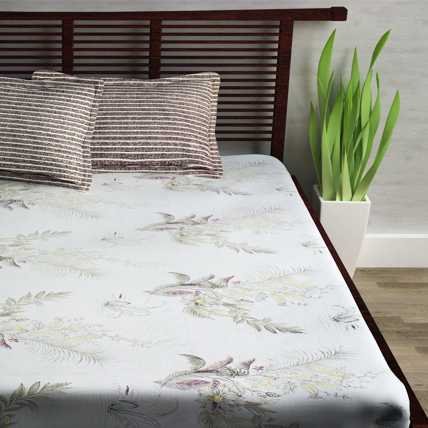 Metro Cotton Double Bedsheets Combo - 186 TC- Beige and Grey/Yellow - Floral