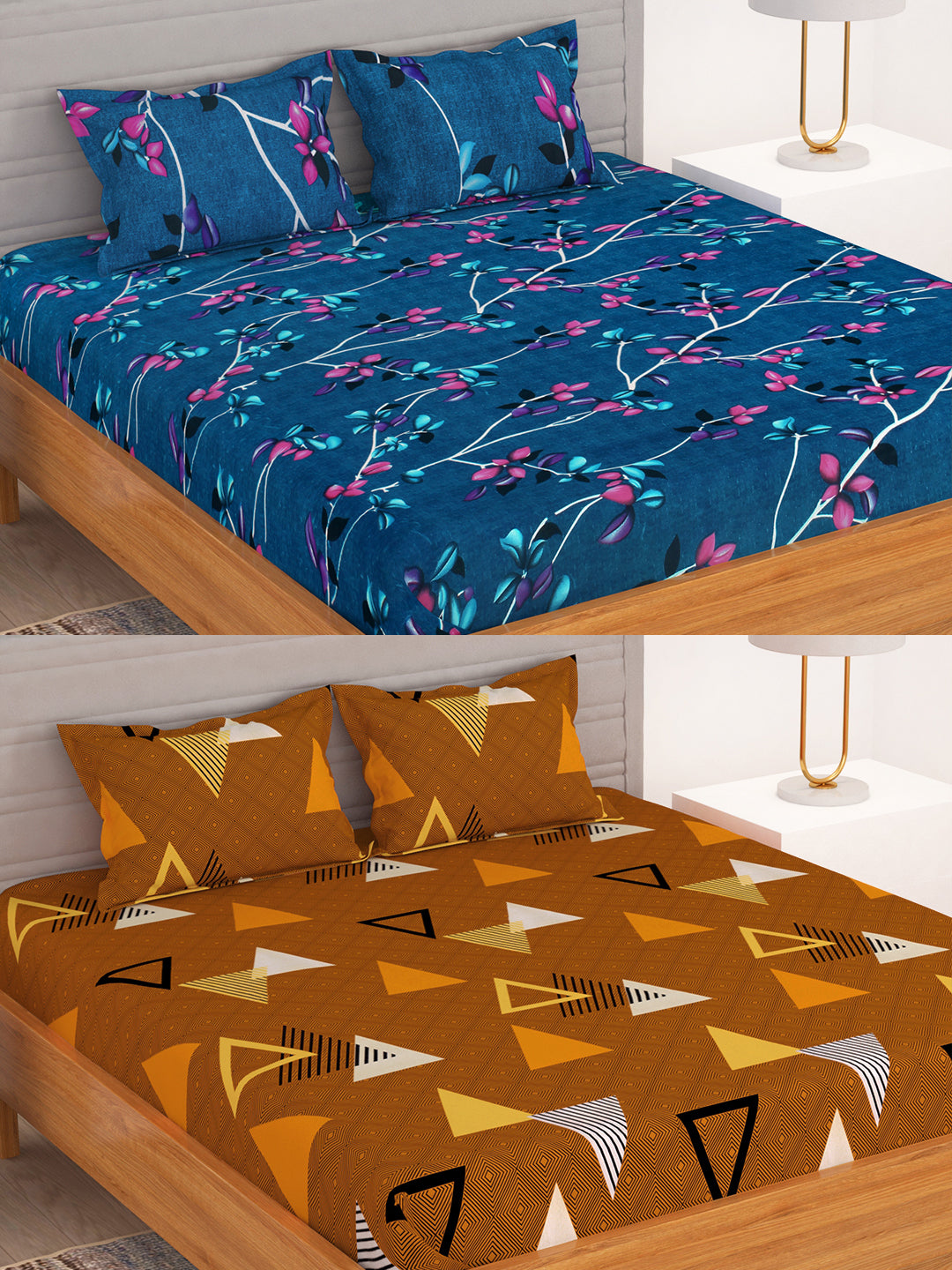 BEDSPUN Flora Collection Combo Pack of 2 Double Bedsheet with 4 Pillow Covers | 150 TC Soft Microfiber - Long Lasting and Wrinkle Free Polyester Fabric | 225x220 cm or 7.5x7.5 ft- (Orange and Dark Blue)