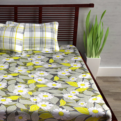 Metro Cotton Double Bedsheets Combo - 186 TC- Beige and Grey/Yellow - Floral