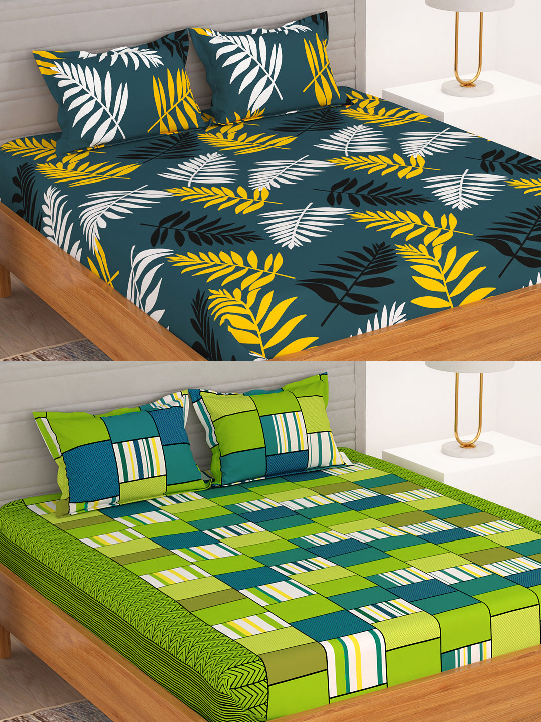 BEDSPUN Flora Collection Combo Pack of 2 Double Bedsheet with 4 Pillow Covers | 150 TC Soft Microfiber - Long Lasting and Wrinkle Free Polyester Fabric | 225x220 cm or 7.5x7.5 ft- (Blue and Green)