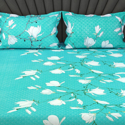 Metro 186 TC 100% Cotton White and Turquoise Double Bedsheet
