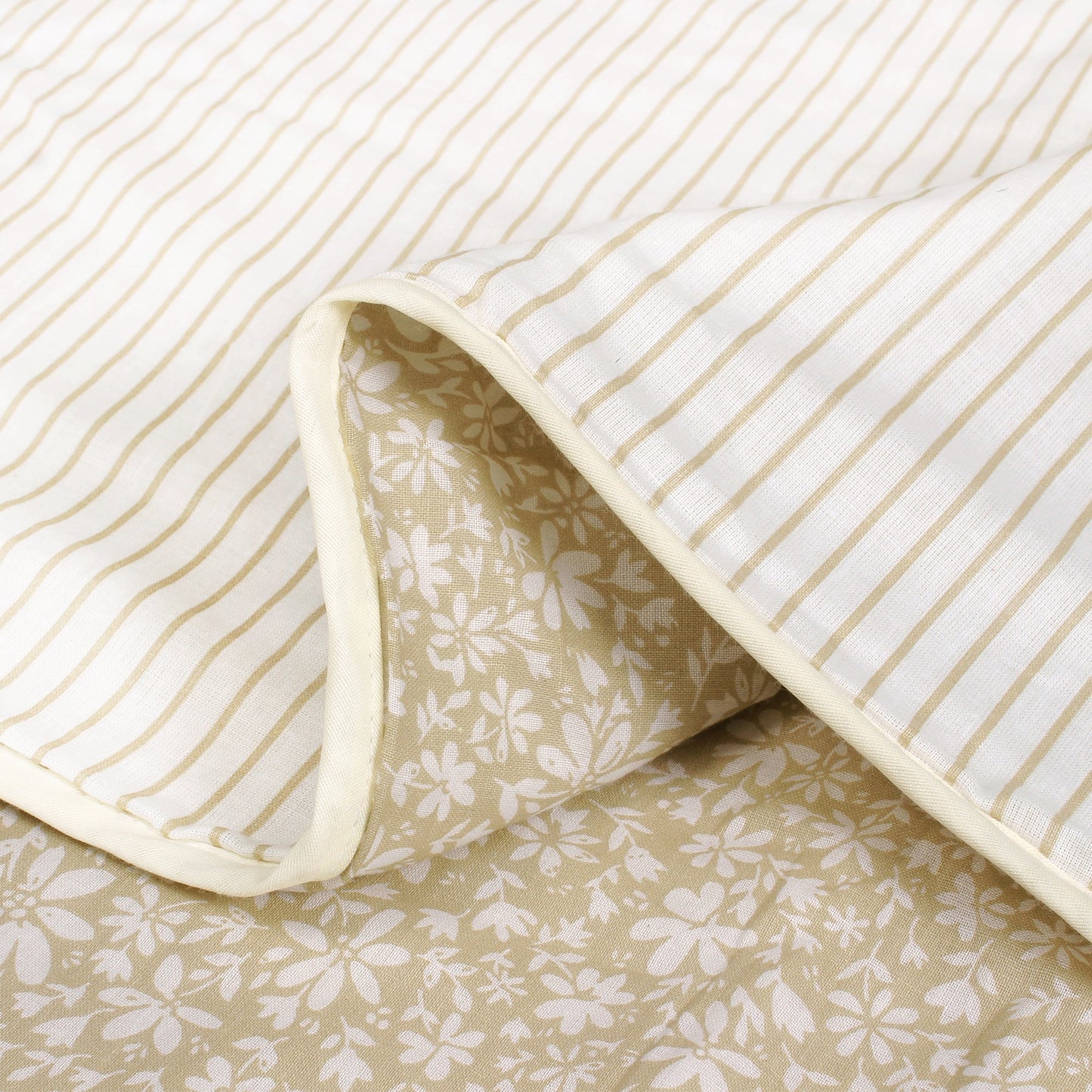 Super Soft Beige & White Stripes and Floral Reversible Single Size Dohar - Pack of 2