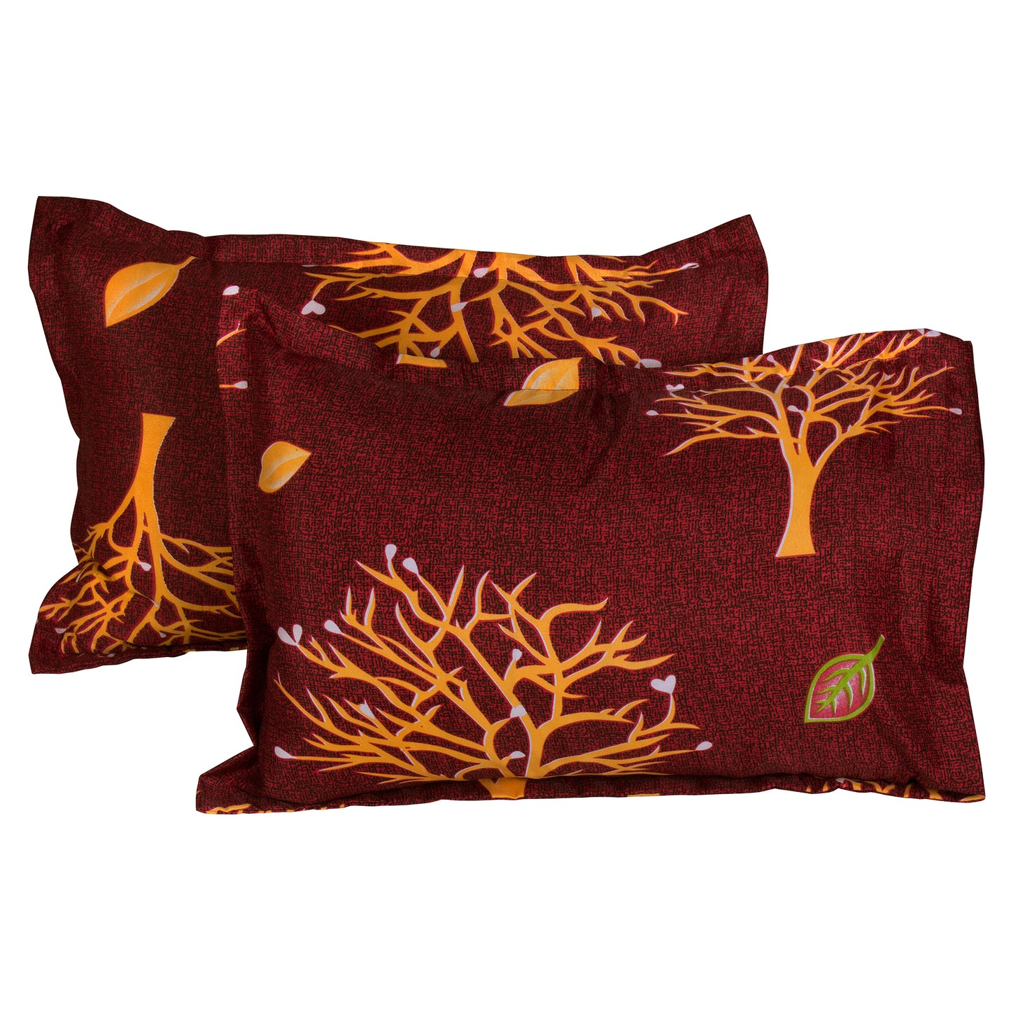 Bedspun - Double Bedsheets with 150 TC, Double - Queen Size Bedsheet & 2 Pillow Covers, Trees & Leaves Pattern, Wine Red