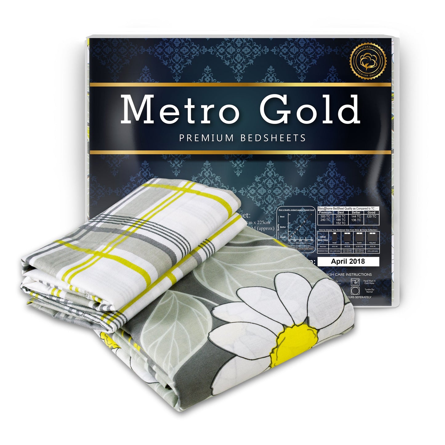 Metro Cotton Double Bedsheets Combo - 186 TC- Beige and Grey/Yellow - Floral