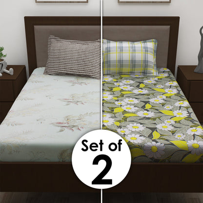 Metro Cotton Double Bedsheets Combo - 186 TC- Beige and Grey/Yellow - Floral