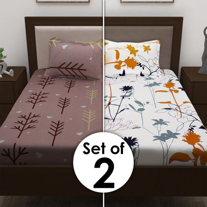 Metro Cotton Double Bedsheets Combo - 186 TC- Brown and White - Mix N Match and Floral